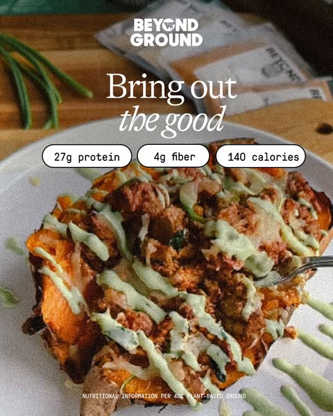 The ad features a high-angle shot of a plant-based ground on a baked sweet potato. The brand, Beyond Ground, is featured