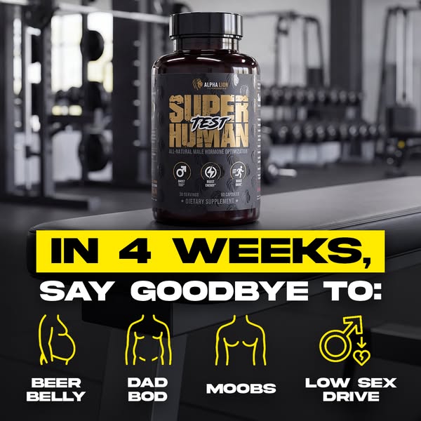 The image ad promotes Alpha Lion Super Human Test, an all-natural male hormone optimization supplement. The ad promises 