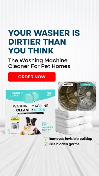 This ad shows a box of Uproot Clean washing machine cleaner and aims to persuade pet owners that their washing machines 