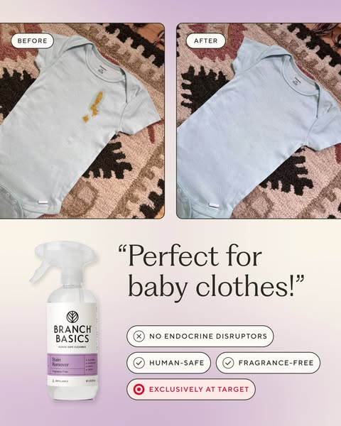 This ad for Branch Basics stain remover features a before and after shot of a baby onesie with a stain. The ad highlight