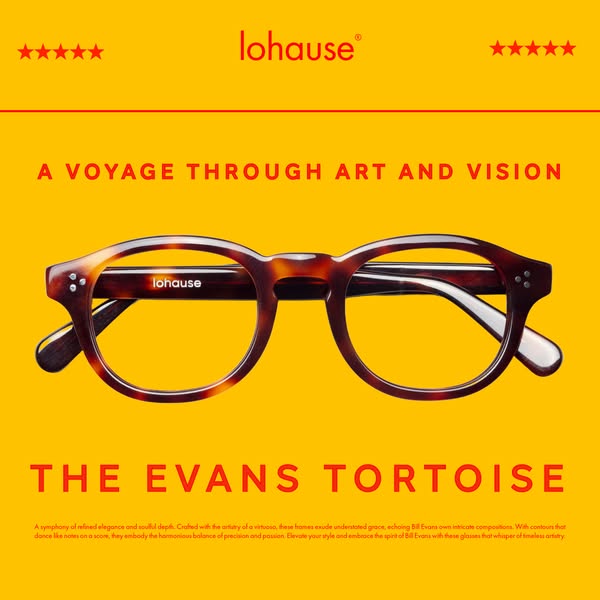This image ad for Lohause eyewear features a pair of 'Evans Tortoise' glasses against a yellow background. The a