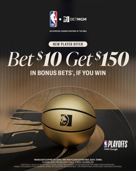 The ad presents a BetMGM offer to new players: Bet $10 and get $150 in bonus bets if you win.