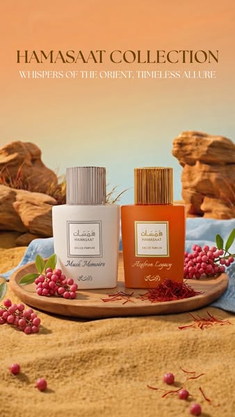 This image ad for Hamasaat Collection features two perfume bottles on a wooden tray against a desert-style backdrop. The