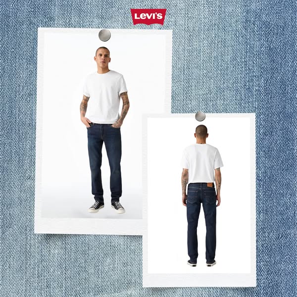 This image ad displays Levi's jeans on a model from the front and back in a polaroid-style frame set against a blue 
