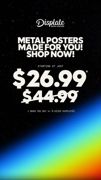 This ad is for Displate metal posters and it focuses on the product, price, and offer.
