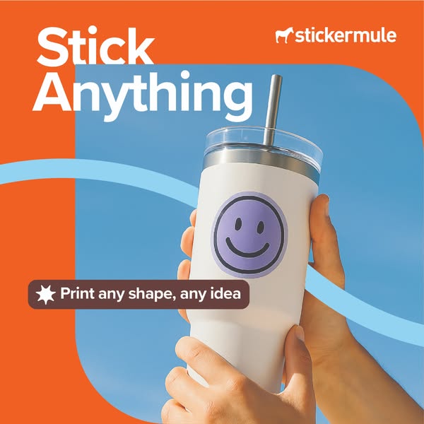 This ad for Sticker Mule features a close-up of a white tumbler with a purple smiley face sticker on it. The ad highligh