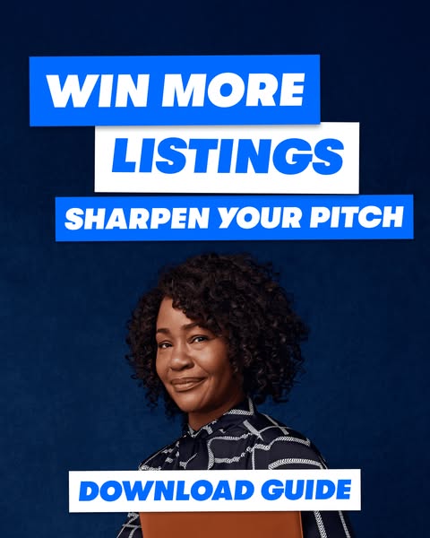 This ad promotes a guide to help real estate agents win more listings and sharpen their pitch. It features a professiona