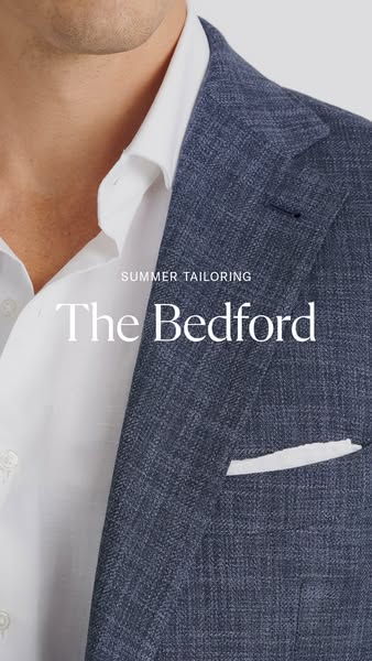 This image ad showcases The Bedford suit jacket, highlighting its summer tailoring.