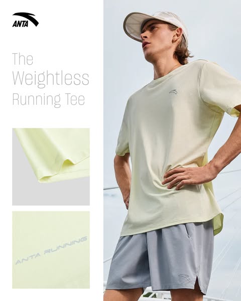 This ad features the Anta weightless running tee and promotes its light feel while running. It features an active male r