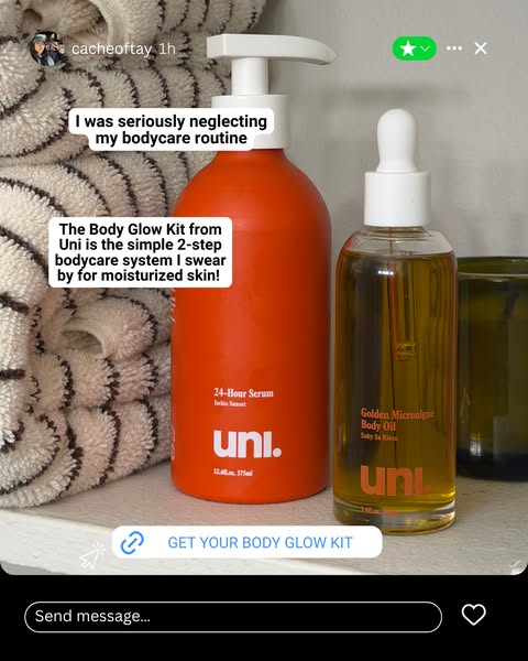 This ad features the Uni Body Glow Kit, a two-step bodycare system, presented in a social media post format. The post in