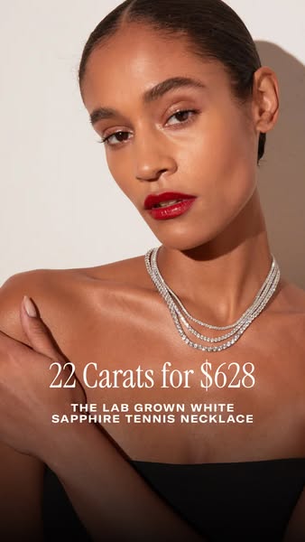 This ad showcases a lab-grown white sapphire tennis necklace, highlighting its carat size and price while featuring a mo