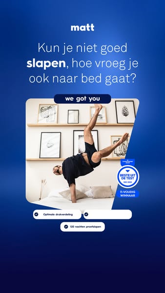 This ad for Matt features an image of a person performing a handstand on a bed, implying that the mattresses are durable