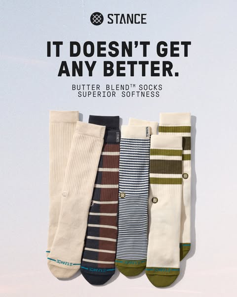 This ad showcases Stance socks, emphasizing their superior softness and quality. It features a lineup of various sock de
