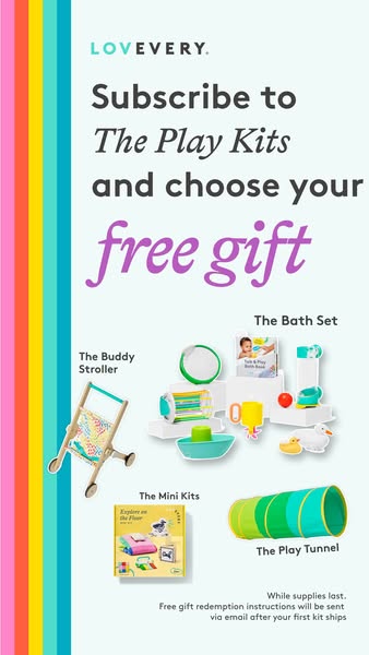 This Lovevery ad promotes their play kits by highlighting four different kits as a free gift for subscribing. The ad enc