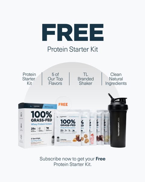 This ad promotes a free protein starter kit from Transparent Labs for new subscribers. The kit includes a variety pack o