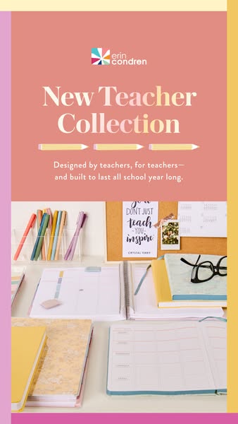 This ad for Erin Condren's New Teacher Collection shows a flat lay of planners, notebooks, pens and other accessorie