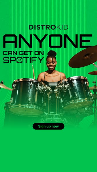 This ad for DistroKid features a smiling drummer and text that says, "Anyone can get on Spotify" to promote th