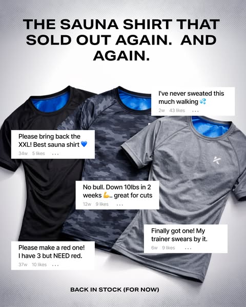 This ad features three different colored sauna shirts laid out with overlaid testimonials and comments from other users 