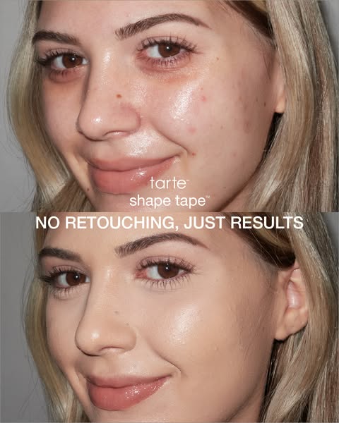 A split-screen image demonstrating the before and after effects of Tarte Shape Tape concealer. The ad emphasizes a natur