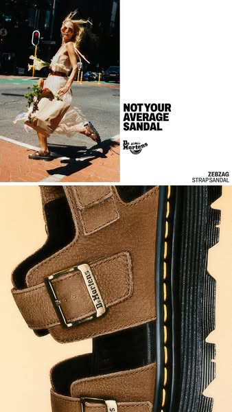 This image ad from Dr. Martens features a woman in a sundress walking down a city street in their Zebzag Strap Sandal, a