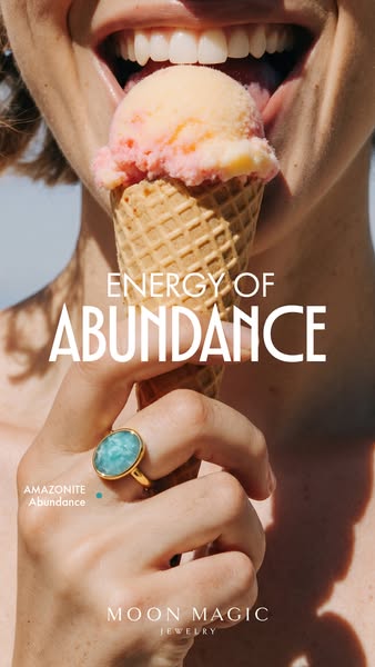 This ad features a close-up of a person eating an ice cream cone, with a Moon Magic ring on their finger. The ad is desi