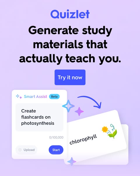 This ad promotes Quizlet as a tool to generate study materials that actually teach you. It features a flashcard creation
