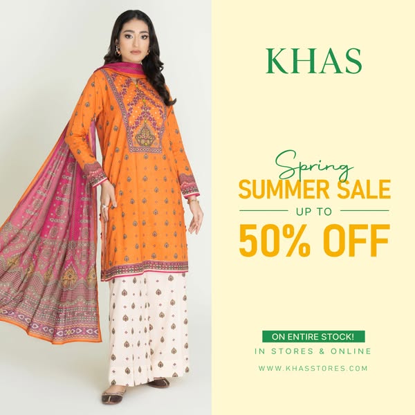 This image ad for KHAS features a woman modeling a patterned orange outfit. It highlights a 'Spring SUMMER SALE'