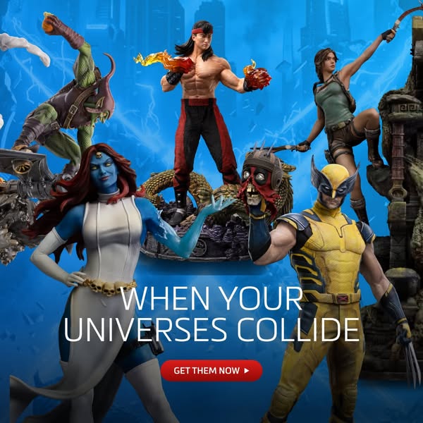 This image ad features a collection of detailed figures of popular characters from different universes. The ad encourage