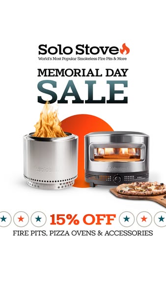 This ad promotes the Solo Stove brand and advertises a Memorial Day sale of 15% off of fire pits, pizza ovens, and acces