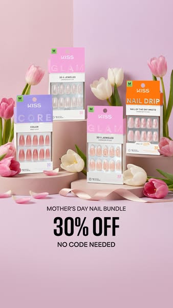 This ad promotes a KISS 'Mother's Day Nail Bundle' with a 30% discount and no code needed. The ad showcases 
