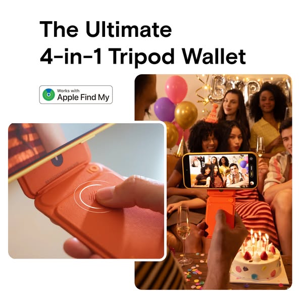 An image showing the 4-in-1 Tripod Wallet by Moft as it holds a phone and takes a photo of a group of friends at a party