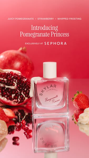 This image ad features the Skylar Clean Beauty Pomegranate Princess fragrance, highlighting its fruity notes and exclusi