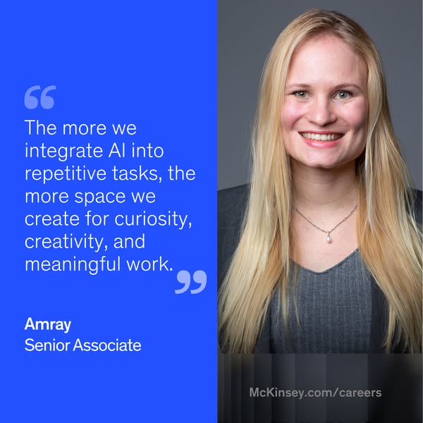 This ad features a quote from Amray, a Senior Associate at McKinsey, about the benefits of integrating AI into repetitiv