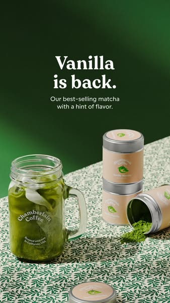 This ad showcases Chamberlain Coffee's Vanilla Matcha product, emphasizing its return and popularity through a visua
