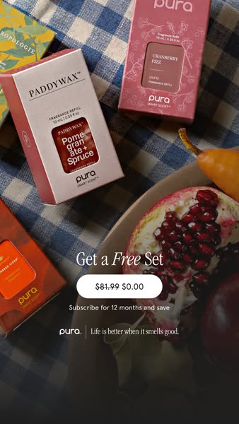 This ad for Pura promotes a free set with a 12-month subscription. The image features Pura fragrance refills and a disco