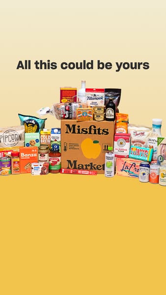 This ad showcases a variety of grocery items available through Misfits Market, emphasizing the potential bounty a custom