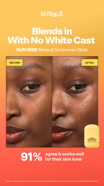 The ad features a before-and-after photo comparison showcasing the effects of Bubble's SUN RISE Mineral Sunscreen St