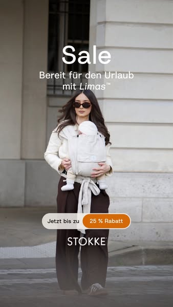 This ad is for Stokke baby carriers, promoting a sale of up to 25% off, inviting viewers to prepare for their vacation w