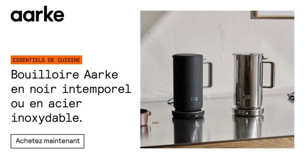 This ad showcases the Aarke kettle in two color options: timeless black and stainless steel. It features a minimalist de