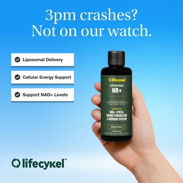 This ad promotes Lifecykel Liposomal NR+ as a solution to 3pm energy crashes. It highlights the product's liposomal 