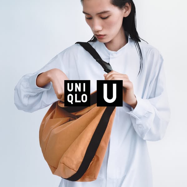 This ad features a person with a tan-colored bag with a black strap, with the Uniqlo brand logo overlayed on the image.