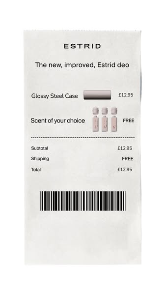 This ad shows a receipt listing the Estrid deo product line and its features. The ad intends to convey that Estrid's