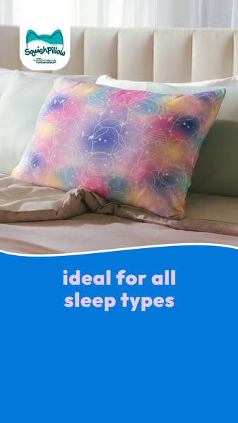 This ad features a Squish Pillow, emphasizing its suitability for all sleep types, with a focus on comfort and support.
