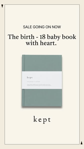 This single image ad features a product shot of the 'birth - 18 baby book' from kept, emphasizing its aesthetic 