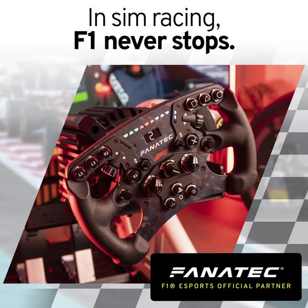 This image ad showcases a Fanatec racing wheel for simulator racing, emphasizing its role in bringing the immersive expe