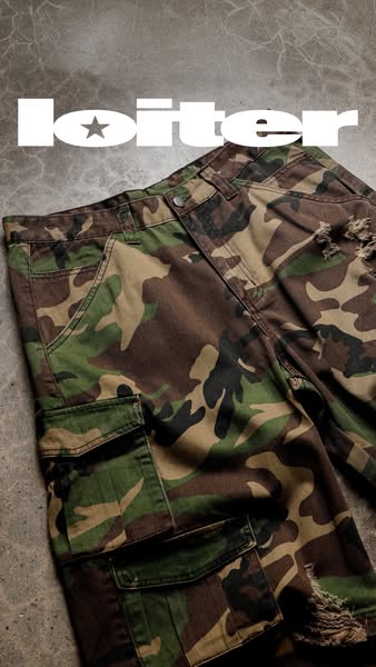 This ad features a close-up shot of Loiter brand camo pants against a concrete backdrop. The ad is designed to showcase 