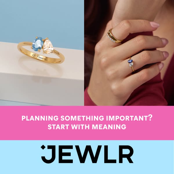 This ad for JEWLR features rings with colored stones and engraving. The rings are displayed with the text overlay, “Plan
