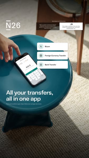 This ad for N26 highlights the ability to do all of your transfers in one app. The ad shows the N26 app on a phone, high