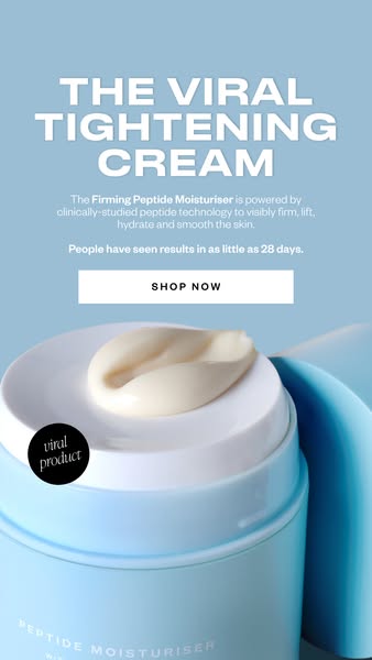 This image ad promotes a 'viral tightening cream' powered by clinically-studied peptide technology. It claims to