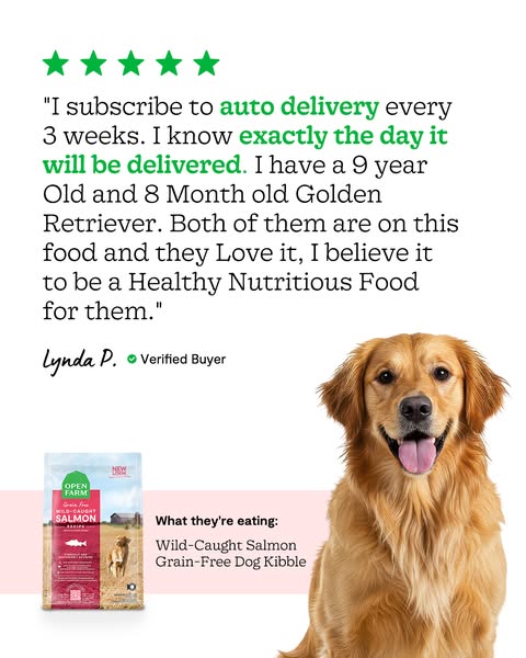 This ad features a testimonial from a customer who uses Open Farm dog food for her two Golden Retrievers. The ad highlig